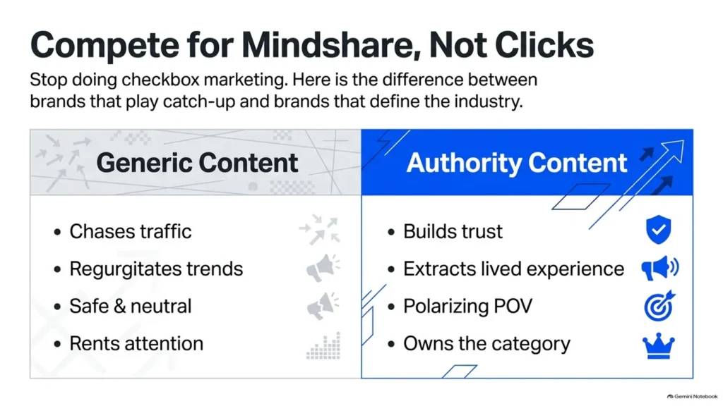 What Is Authority Marketing And Why Is It Important? 3 Authority marketing comparison showing generic content versus authority content for building trust and industry leadership.