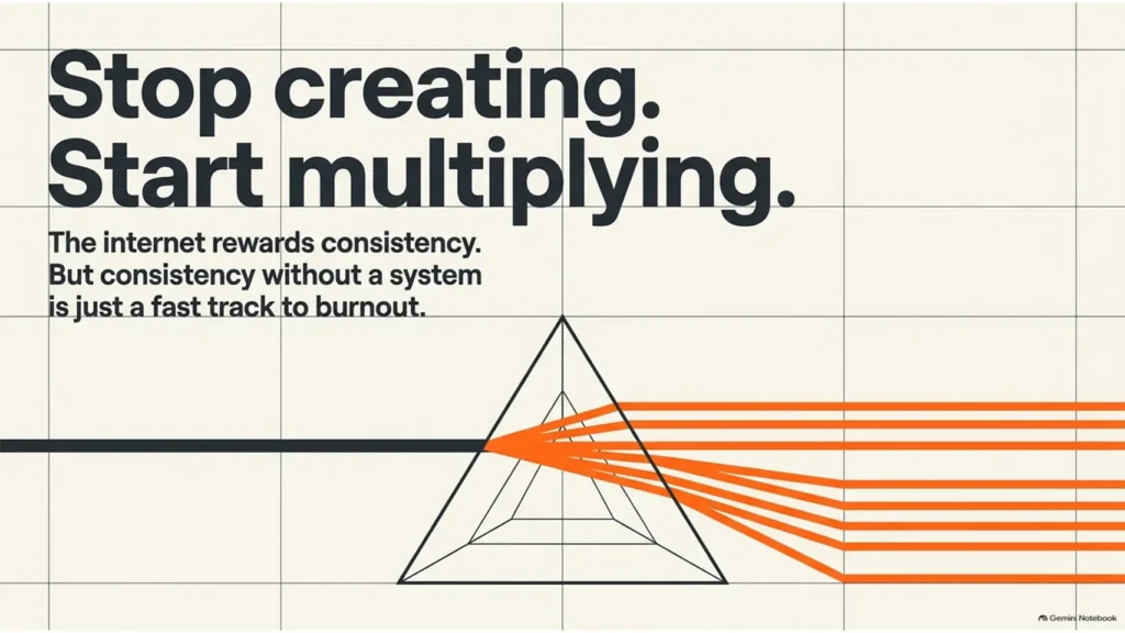 Why Businesses Should Repurpose Content 3 Stop creating start multiplying illustration showing how one piece of repurpose content can be transformed into multiple content assets through strategic repurposing.
