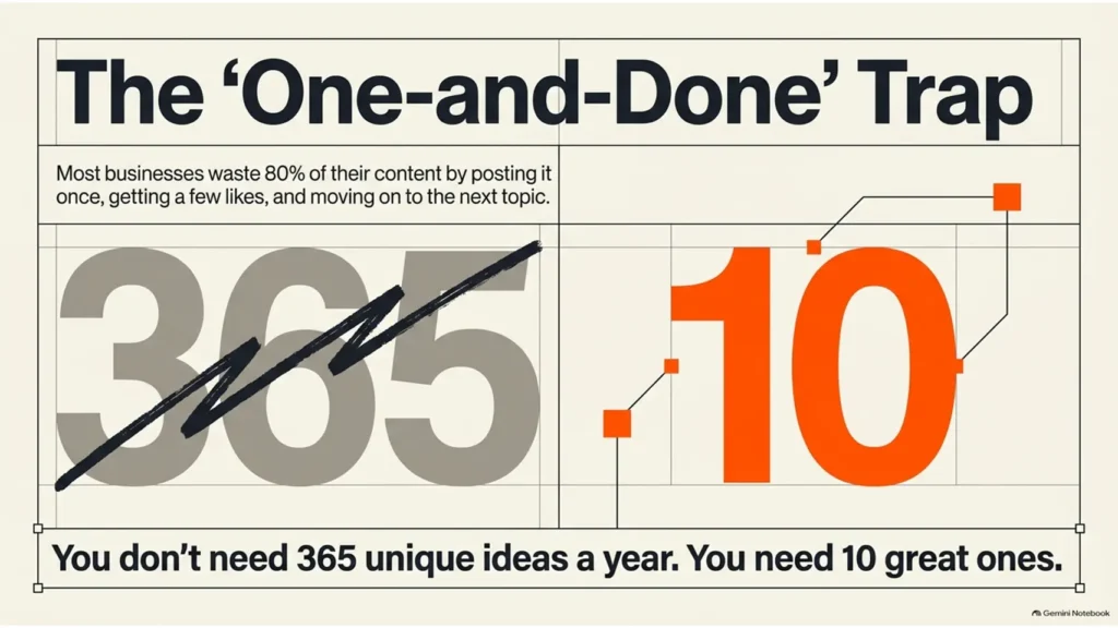 Why Businesses Should Repurpose Content 1 The one-and-done content trap showing why businesses should repurpose content instead of creating hundreds of separate ideas.