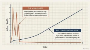 Graph comparing the short-lived traffic from viral social media posts with the long-term growth of evergreen content.