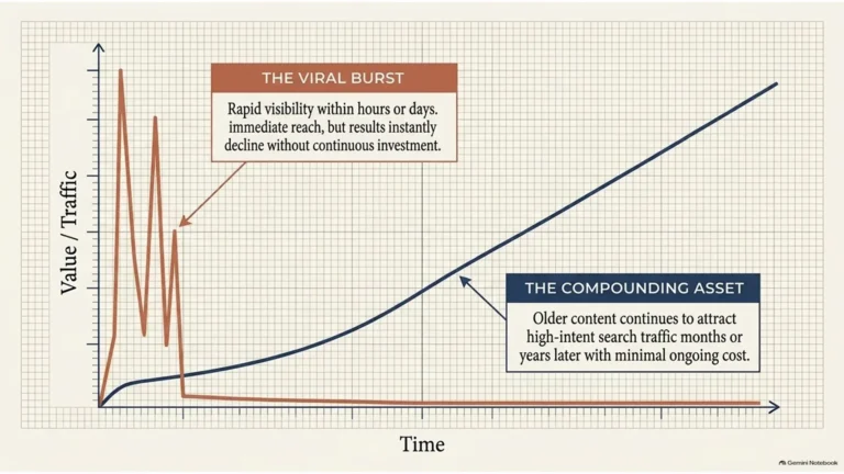 Graph comparing the short-lived traffic from viral social media posts with the long-term growth of evergreen content.