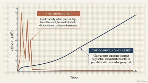 Graph comparing the short-lived traffic from viral social media posts with the long-term growth of evergreen content.