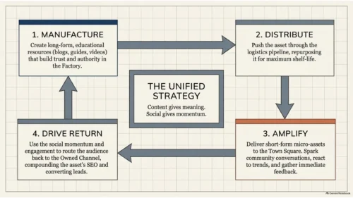 Flow diagram showing a content marketing process from content creation and distribution to amplification and lead generation.