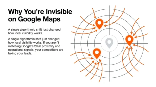 Local Search Visibility graphic showing businesses appearing at different positions on a Google Maps ranking grid.