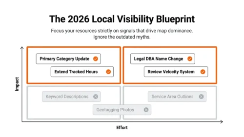 Local Search Visibility blueprint showing high-impact Google Maps ranking signals for service businesses.