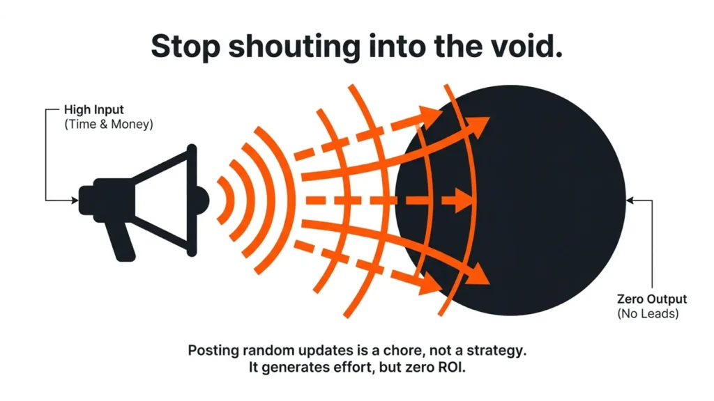 Random content publishing illustrated as a loudspeaker broadcasting messages that generate no leads or return on investment.
