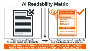 AI readability matrix comparing poorly structured content with answer-first content designed for Google AI Overviews and AI search visibility for content marketing support.