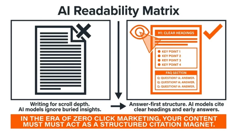 AI readability matrix comparing poorly structured content with answer-first content designed for Google AI Overviews and AI search visibility for content marketing support.