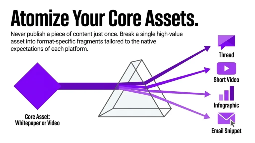 How Should Bolton Businesses Choose the Right Content Distribution Platforms? 3 Content distribution platforms graphic showing one core content asset repurposed into a thread, short video, infographic and email snippet.