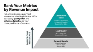 Content distribution ROI graphic ranking demand signals, lead quality and commercial value by their impact on business revenue.