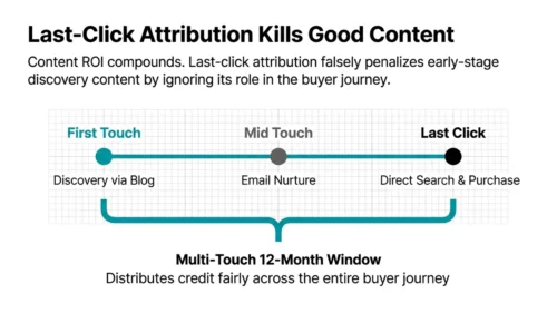 How Should Bolton Businesses Measure the ROI of Content Distribution? 3 Content distribution attribution graphic showing first touch, mid touch and last click across the buyer journey.