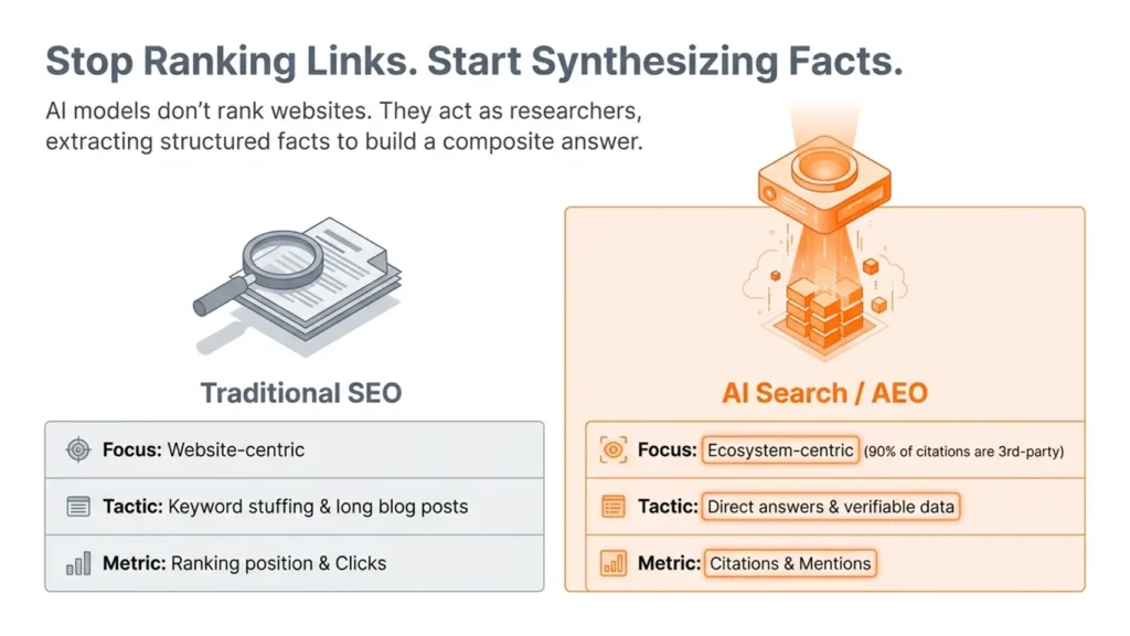 How Do I Get My Business Cited by ChatGPT and AI Search Tools? 2 AI search tools comparison showing traditional SEO focused on rankings and clicks versus AI search focused on direct answers, citations and mentions.