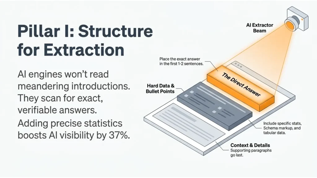 How Do I Get My Business Cited by ChatGPT and AI Search Tools? 3 AI search tools graphic showing answer-first content structure with direct answers, hard data, bullet points and supporting context.
