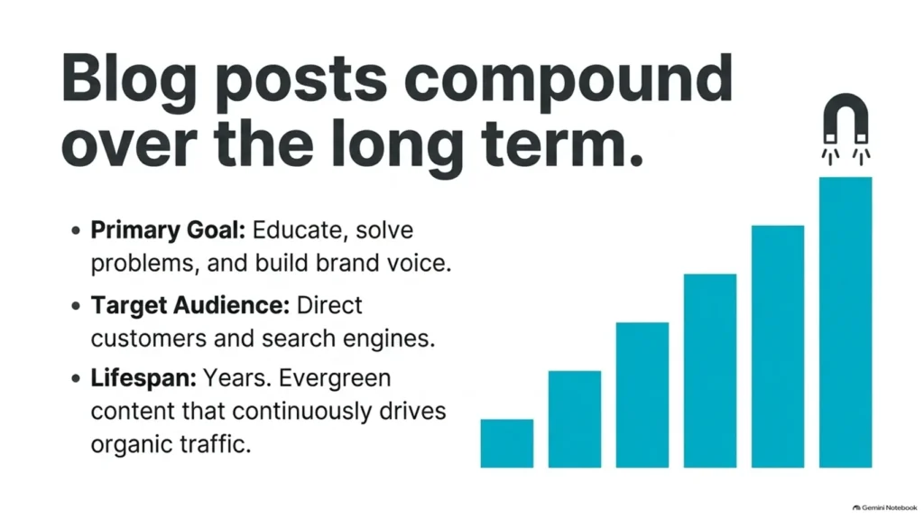 Blog posts compound over the long term by building organic search visibility and brand authority.
