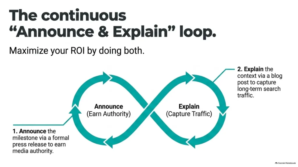 The continuous 'Announce & Explain' loop combines press releases with blog posts for lasting visibility.