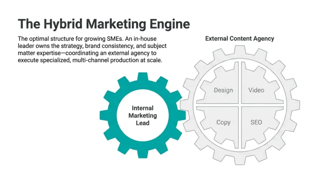 Content Distribution - The Hybrid Marketing Engine showing in-house strategy working with an external content agency.