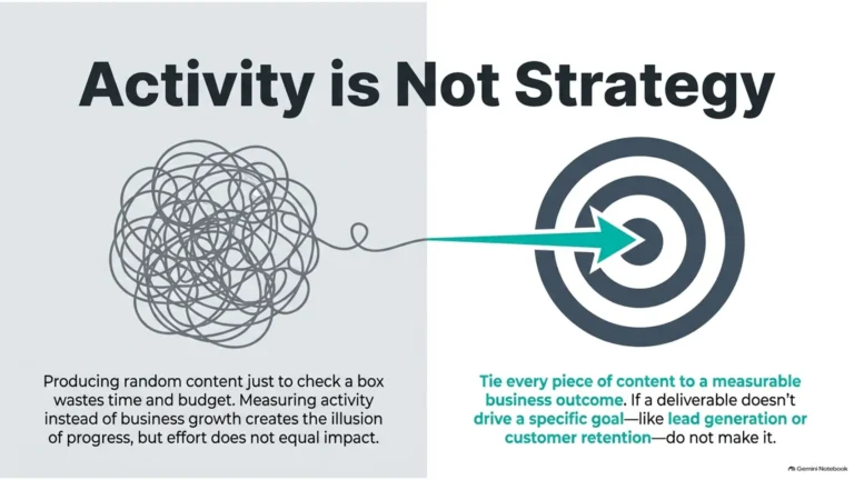 Activity is Not Strategy, demonstrating the difference between random content activity and goal-driven marketing strategy.