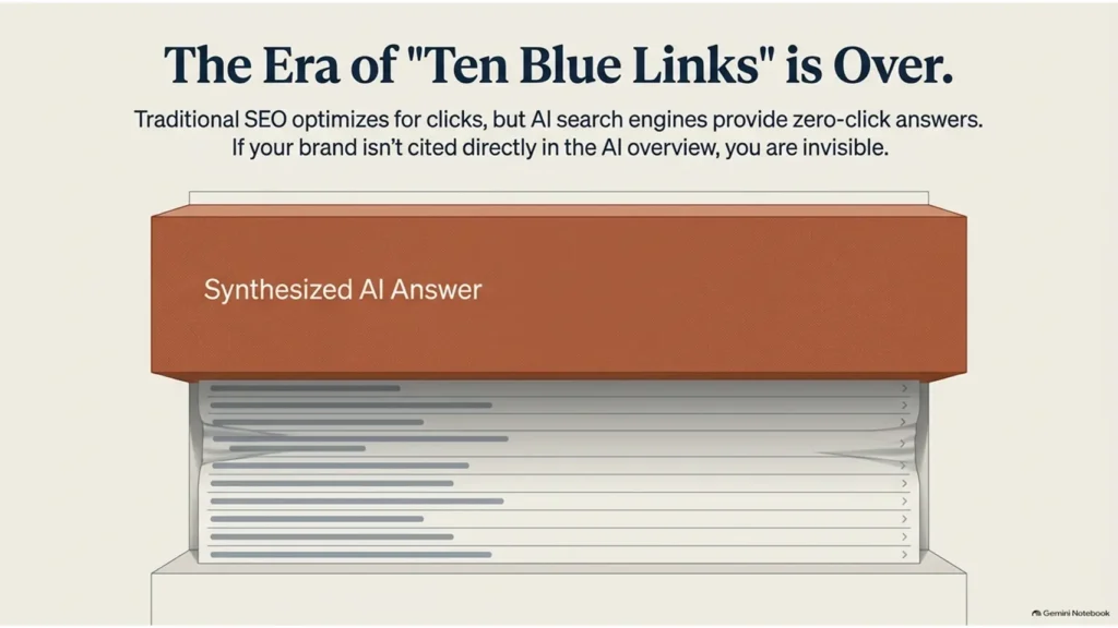 The Era of Ten Blue Links Is Over showing how AI search replaces traditional search listings with a synthesised AI answer.