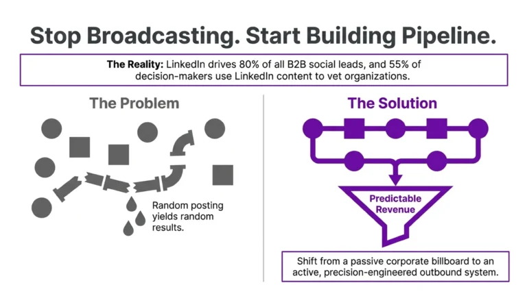LinkedIn for B2B content distribution infographic comparing random social media posting with a structured approach to generating qualified sales opportunities.