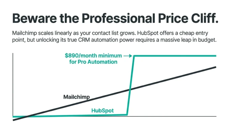 HubSpot vs Mailchimp pricing comparison graph showing the cost difference between email marketing plans and professional CRM automation.