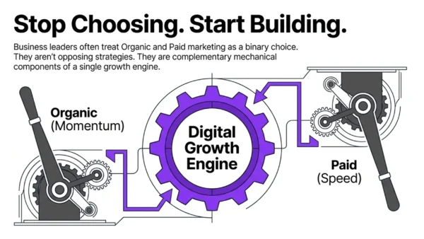 Organic vs Paid Content Promotion: Which Drives More Traffic? 2 Organic vs paid marketing illustrated as two connected systems powering a digital business growth engine.