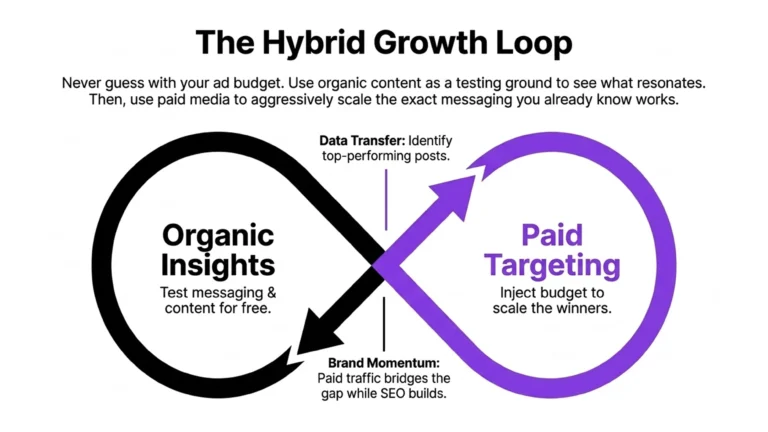Organic vs paid content promotion diagram showing how organic insights and paid targeting work together to drive business growth.