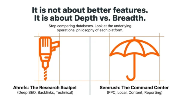 SEMrush vs Ahrefs - Which Tool Is Better For Small Marketing Agencies? 2 SEMrush vs Ahrefs comparison infographic showing Ahrefs as a specialist SEO research tool and Semrush as an all-in-one digital marketing platform.