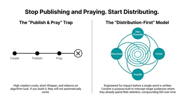 Content distribution comparison showing the traditional publish-and-pray approach versus a strategic model of planning, creating, repurposing and amplifying content.