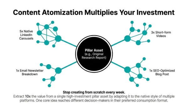 Content distribution diagram showing how one pillar asset can be repurposed into LinkedIn carousels, videos, blog posts and email newsletters.