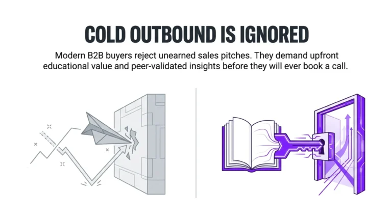 Content syndication infographic comparing ineffective cold outreach with educational content that builds trust and attracts B2B buyers.
