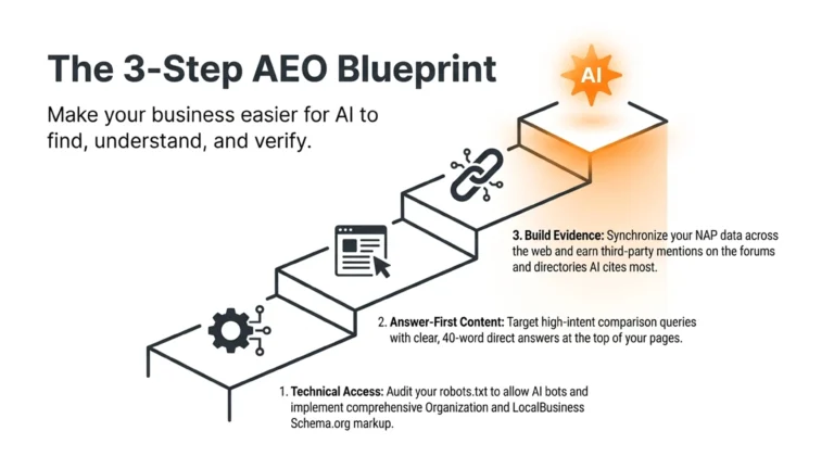 Three-step AEO blueprint showing how businesses can improve visibility in ChatGPT and Perplexity through technical access, content and authority.