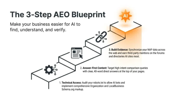 Why ChatGPT and Perplexity Never Mention My Business When People Ask for Recommendations 1 Three-step AEO blueprint showing how businesses can improve visibility in ChatGPT and Perplexity through technical access, content and authority.